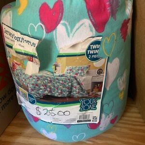 Twin Comforter Set - Teal and Pink Hearts